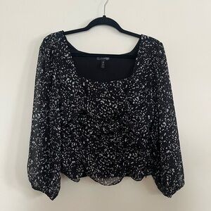 Aqua Black and White Patterned Blouse